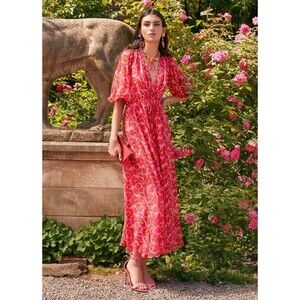 NWT. $2690 Carolina Herrera Silk Floral V-Neck Waist-Tie Dress SZ 6